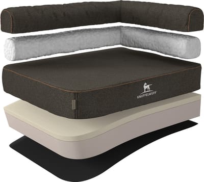 Knuffelwuff orthopedisch hoekhondenbed Marlie van velours met handgeweven karakter L 85 x 63cm leuning rechts zwart
