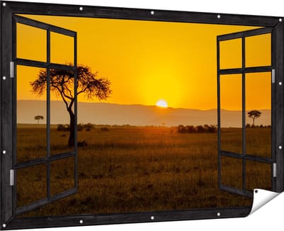Gards Tuinposter Doorkijk Zonsopgang in de Savanne met een Boom - 180x120 cm - Tuindoek - Tuindecoratie - Wanddecoratie buiten - Tuinschilderij