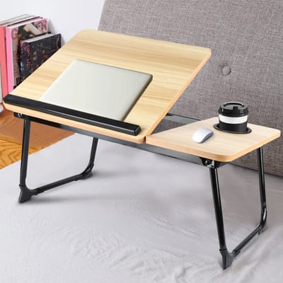 Opvouwbare bedtafel van bamboe metaal met in hoogte verstelbare antislipstrip voor lezen en bureau (zwart/drinkkleur)