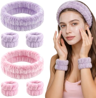Dailygoods - Set van 2 spa-hoofdbanden en polsbanden, 2 haarbanden en 4 polsmanchetten voor het wassen van het gezicht, voor huidverzorging en make-up, absorberende handdoeken van microvezel voor de polsen
