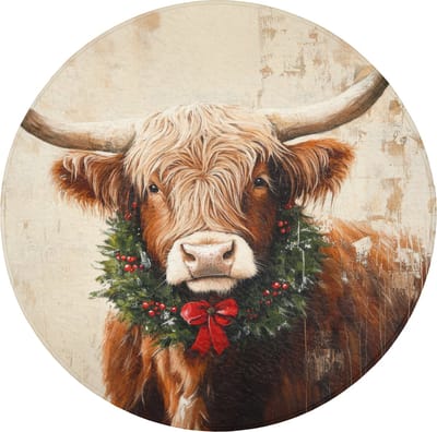 Badmat rond 70x70 cm - Antislip - Kerst - Schotse Hooglander - Bruin - Krans - Badmatten voor badkamer - Badkamermat - Douchemat - Ronde badkamer mat