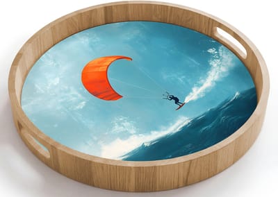 Dienblad rond 40x40 cm - Schootdienblad hout - Kitesurfer - Oranje - Zee - Lucht - Borrelplank rechthoek - Plateau houten dienbladen