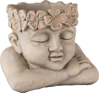 Dekoratief | Bloempot hoofd m/bloemen, grijs, cement, 21x18x18cm | A250207