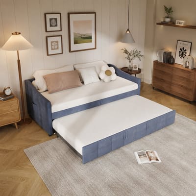 Tweepersoonsbed, 90 x 200 cm, uitschuifbaar, Uitschuifbare tweepersoons slaapbank, gestoffeerde slaapbank met lattenbodem, uittrekbare slaapbank, fluwelen stof, DonkerGrijs