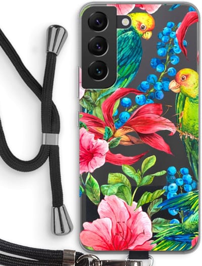 Case Company® - Hoesje met koord geschikt voor Samsung Galaxy S22 hoesje met Koord - Papegaaien - Telefoonhoesje met Zwart Koord - Bescherming aan alle Kanten en Over de Schermrand