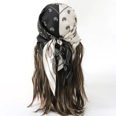 Foulard Carré en Soie Satinée Imprimé de Luxe Pour Femmes Châle Hijab Tour de Cou Ruban pour Cheveux Bandeau Mode Écharpe Bandana 70x70cm black