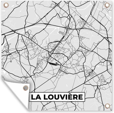 Tuin poster Zwart Wit – België – Plattegrond – Stadskaart – Kaart – La Louvière - 200x200 cm - Tuindoek
