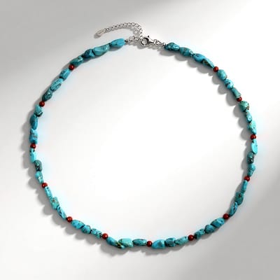 Cavill - Zilveren Halsketting 925 Sterling Zilver - Turkoois Fancy Kralen 66,88 ct & Rode Chalcedoon 5,08 ct - Verstelbaar 42-47 cm