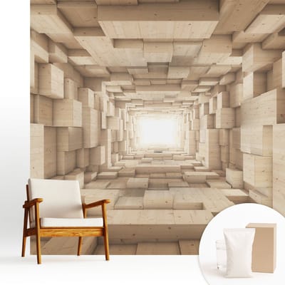 Wallfluent Behang - Houten tunnel Muurbehang - 250x250 cm - Beige Behang - Voor natuur- en kunstliefhebbers - Behang Voor de slaapkamer, woonkamer en badkamer - Wanddecoratie Architectuur