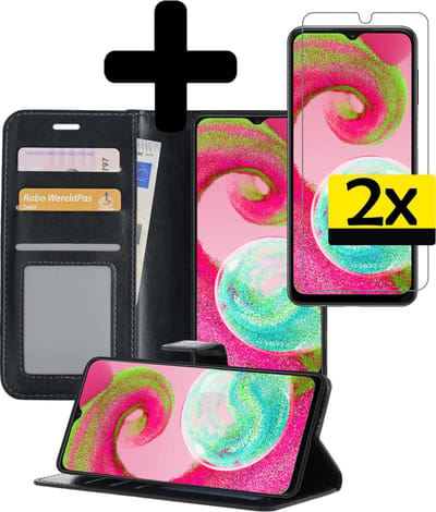 Hoesje - Met 2x Screenprotector - Geschikt voor Samsung Galaxy A04s - Luxe Pasjeshouder - Bookcase Portemonee - Flip Case - Kunstleer Book Case - Flipcase Hoes - Book Cover - Walletcase - Portemonneehoes - Telefoonhoesjes - Zwart