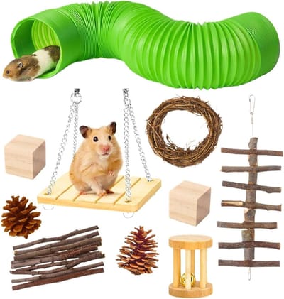 Knaagdier Speelgoed Set - Houten Tunnels - Tandverzorging Spelen - Natuurlijk Hout Materiaal - 10 Stuks - Natuurlijk Hout