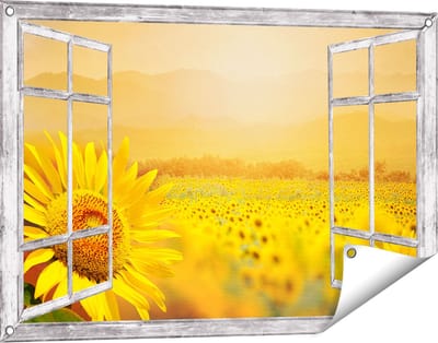 Gards Tuinposter Doorkijk Zonnebloemen Veld met Zonopkomst - 90x60 cm - Tuindoek - Tuindecoratie - Wanddecoratie buiten - Tuinschilderij