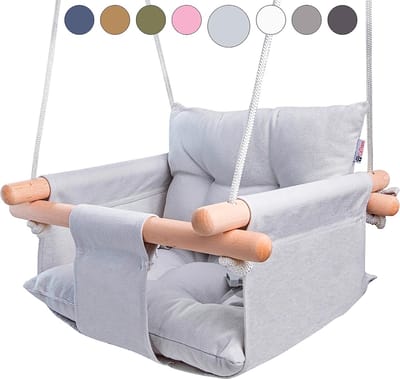 Canvas Baby Swing, Houten Hangende Swing Seat Stoel Met Veiligheidsgordel, Duurzame Baby Hangmat Stoel, Outdoor en Indoor Swing voor Kinderen, Montagehardware inbegrepen, Grij