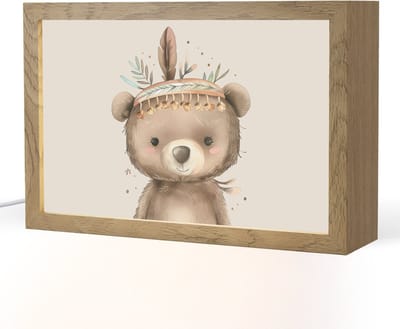 Nachtlampje 30x20 cm - Kinder lampje - Beer - Boho - Indianentooi - Dieren - Tafellamp kinderkamer - Slaapkamer lamp - Bedlamp kinderen - Kinderlampje stopcontact - Wandlamp babykamer - Nachtlampjes
