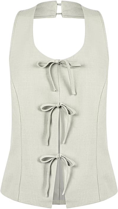 Gimme - Bow Sleeveless Top – Mouwloze Top met Strikdetail – Elegante Zomerse Blouse - Beige - Maat S