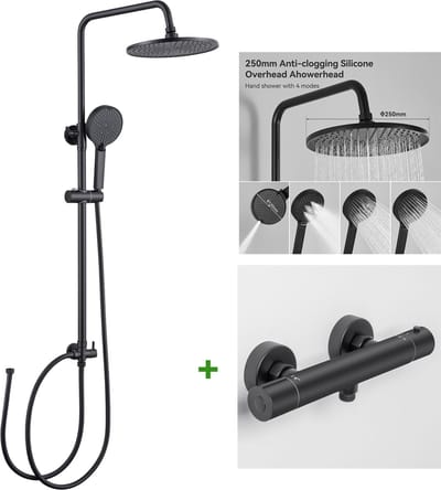 DERW Max Zwart Doucheset - Regendouche RVS - met Thermostaatkraan - Ø 25 cm Douchekolom - 4 Stralen Handdouche - Verstelbare Hoogte 74-112 cm - Waterbesparend - Zwart