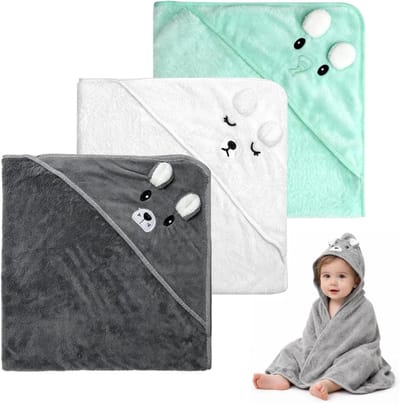 Set van 3 schattige babyhanddoeken met capuchon, 80 x 80 cm, ideale badhanddoeken voor baby's, zachte en absorberende handdoeken, perfect voor na het badderen