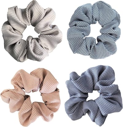 Kraagjeskopen.nl®  Scrunchies 4 stuks Geruit Exclusief Extra Vol en Luxe - Haarelastiek Haarwokkel scrunchies - Lichtbruin - Zwart - Koper - Donkerblauw - Scrunchie met ruitjes