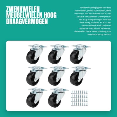 Dailygoods- Zwenkwielen Set van 8 - Draagvermogen 160 kg - Meubelwielen voor Stoelen/Tafels - 40 mm - Duurzaam/Roestvrij - Slijtvast