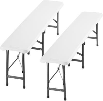 tectake® Set van 2 Inklapbare Bankjes - Tuinbankjes - 8 Personen - Bierbank - Draagbare Banken voor Campingtafel - Biertafel - Picknicktafel - Tuintafel - 500kg Draagkracht per Bank - Wit