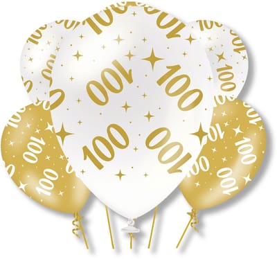 BTH – 100 Jaar Latex Ballonnen – 6 stuks – Wit-Goud – Verjaardag Versiering – 100 Jaar Decoratie – Helium – 30cm