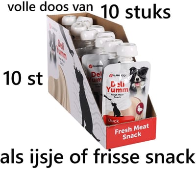 Flamingo DELI YUMM eend -10 x 90 gr = 900 gram vloeibare snack - eend - voor uw schattige vriend. ideaal op likpad, gekoeld in frigo - ingevroren als ijsje - zeer lekker prijsvoordeel door hoeveelheid.