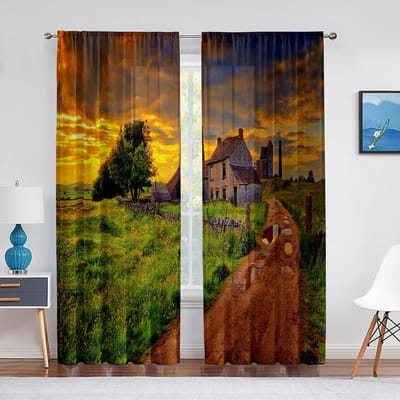 Landhuis Boerderij Grasboom Zonsondergang Transparante Gordijnen voor Woonkamer Slaapkamer Decoratie Raam Voiles Keuken Tule Gordijn 1 PCS W100XH250cm&Grommet Top