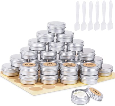 Allecto - 30 x 15 ml Aluminium Potten - Lege Cosmetische Containers - Ideaal voor Lippenbalsem - Zilver - Met Spatel en Stickers - Compact en Licht..