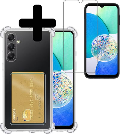 Hoesje - Geschikt voor Samsung Galaxy A14 - Met Screenprotector - En Pashouder - En Kaarthouder - Telefoon Hoes Shockproof - Siliconen Case - Back Cover - Shock Proof - Pasjes Houder - Telefoonhoesjes - Transparant