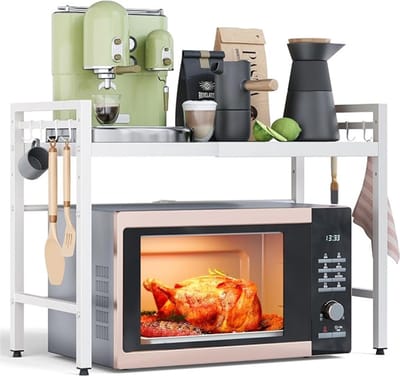 Verte Microwave Rack - Magnetronrek met 2 Niveaus - Ruimtebesparende Magnetronhouder - Airfryerrek - Keukenrek met 8 Haken - Wit