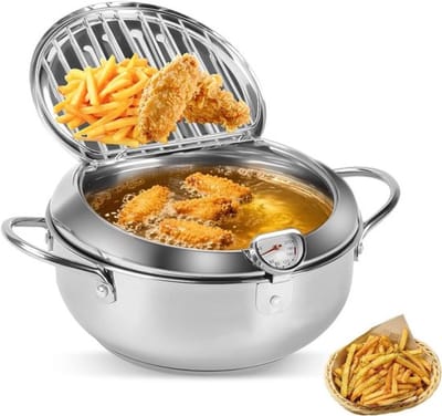 Kleine Frituur Pan - Mini Friteuse Diameter 20cm - Friteuse 2.2 Liter - Met Thermometer - Frituurpan - Huisraad Friteuse - Chipfriteuse - Geschikt Voor Gas En Inductie - Zilver