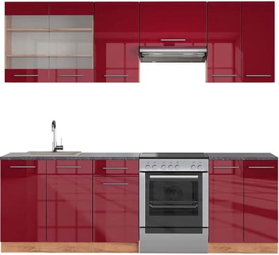 Vicco Fame-Line Complete keukeneenheid – 240 cm, WB Antraciet Bordeaux hoogglans/gouden eik