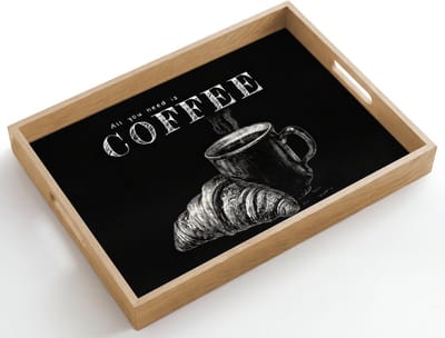 Dienblad hout 50x35 cm - Schootdienblad - Koffie - Croissant - Tekst - Borrelplank rechthoek - Plateau dienbladen