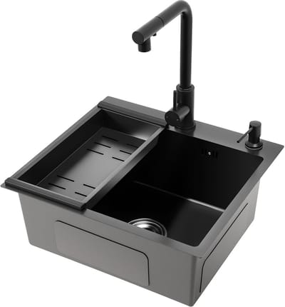 RVS Keuken Wastafel Zwart 45x50 cm met Uittrekbare Kraan en Afdruiprek