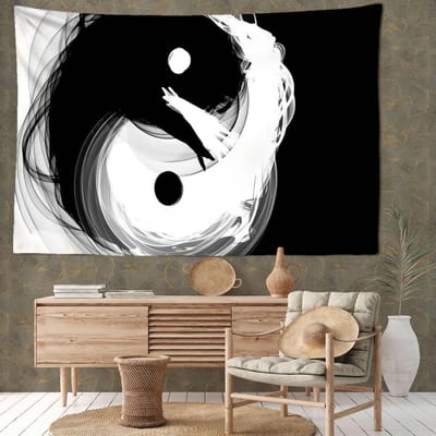 Zwart-wit Taiji Wandtapijt Muurhanger Torenkunst Hekserij Mysterieus Abstract Slaapzaal Woonkamer Huisdecoratie 95x70CM white