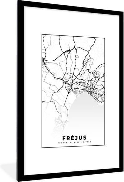 Fotolijst incl. Poster Zwart Wit- Frankrijk - Plattegrond - Fréjus - Stadskaart - Kaart - Zwart wit - 80x120 cm - Posterlijst