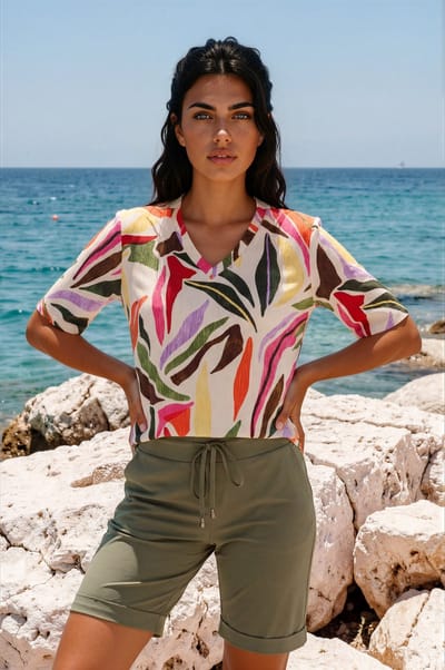 MI PIACE - T-shirt V-hals Summer Leaf Dance Print 202271 Kit - Maat : S