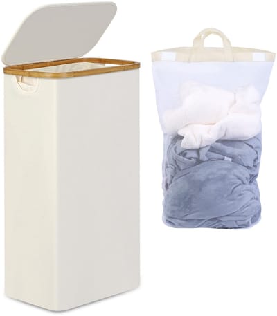 Wasmand met deksel, 75 liter, smalle wasmand met wasbare binnenzak, beige wasmand met bamboehandgrepen, opvouwbare wasmanden voor bijkeuken, slaapkamer, badkamer