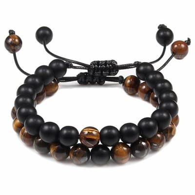 Fako Bijoux® - Dubbele Kralen Armband - 8mm - Natuursteen Armband Koord - Tijgeroog & Zwart