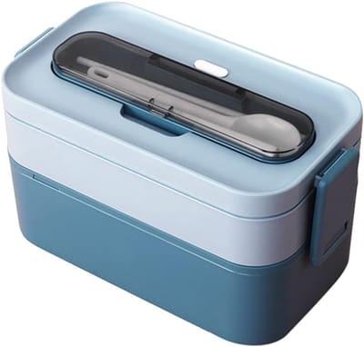 Bento Box - 3 compartimenten - container - bento lunchbox - Lunchbox volwassenen en kinderen - inclusief bestek -Bento Box voor volwassenen en kinderen - Stapelbare Bento Lunchbox met verdeler - Magnetronbestendige lekvrije salade lunchbox (blauw)
