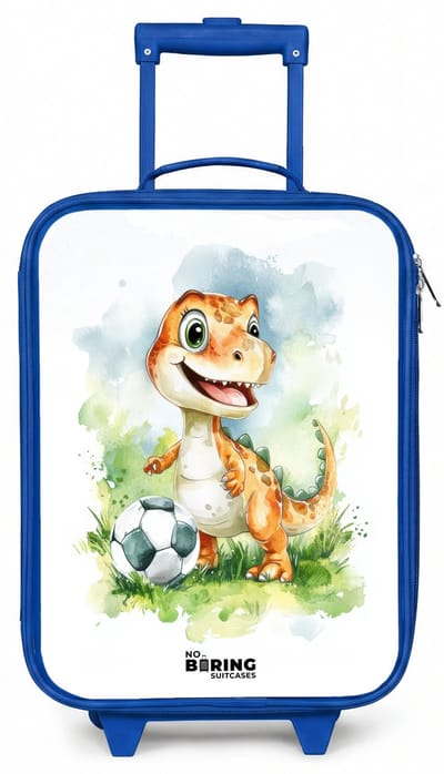 NoBoringSuitcases.com® - Kinderkoffer blauw - Kindertrolley jongen - Dino met voetbal in kleurrijk veld - Koffer kind lichtgewicht - Reiskoffer trolley voor kinderen - Koffertje met lichtgevende wieltjes - Rolkoffer