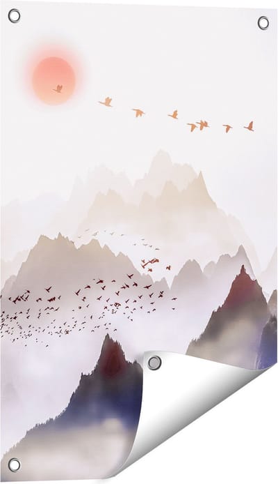 Gards Tuinposter Bergenlandschap met een Boom - Abstract - 40x60 cm - Tuindoek - Tuindecoratie - Wanddecoratie buiten - Tuinschilderij