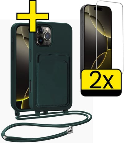 Hoesje Geschikt voor iPhone 16 Pro Telefoonhoesje Met Koord Case Pashouder Met 2x Screenprotector Siliconen - Hoes Geschikt voor iPhone 16 Pro Hoesje Met Kaarthouder - Donkergroen
