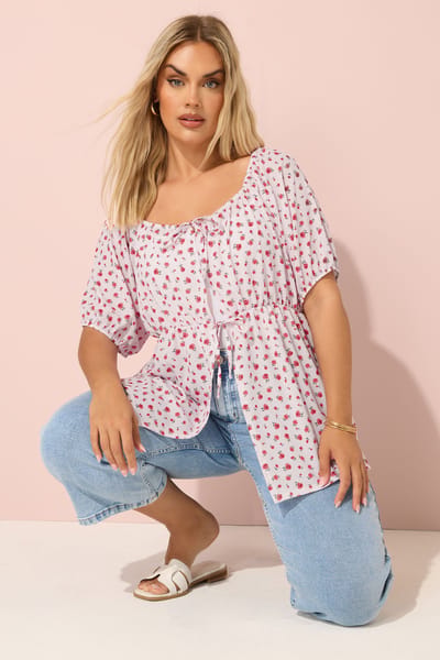 Yours Roze Top Met Bloemenprint En Strik Aan De Voorkant Size 44