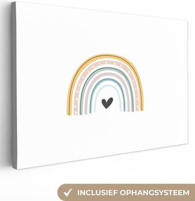 Muurdecoratie kinderkamer - Canvas doek kids - Regenboog - Pastel - Kinderen - Hartje - Kinder decoratie - Canvas kinderen - 30x20 cm