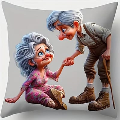 Schattige Oude Koppels Kussensloop 2D Plat Gedrukt Perzik Huid Kussenhoes Romantische Grootouder Bank Plaid Kussen Huis Decoratie 40x40cm