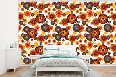 Behang - Fotobehang Design - Retro - Oranje - Bloemen - Breedte 345 cm x hoogte 220 cm