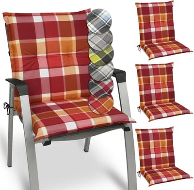 Beautissu Set van 4 Tuinkussens met Lage Rugleuning voor Tuinstoelen 100 x 50 cm Sunny RO – Comfortabele Tuinstoel Stoelkussens met UV-lichtechtheid Kussens in Rood Geruit
