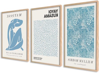 Poster Set - Wanddecoratie - Woonkamer Decoratie - Set van 3 - 40x50 cm - Vintage Blauw