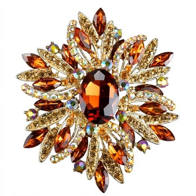 Champagnekleurige bloem broche dames – metalen broche met grote bloemvorm en facet geslepen steentjes – decoratieve speld in vintage stijl voor sjaal, jas of kledingaccessoire